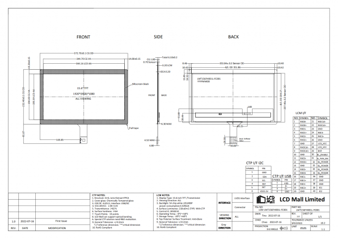 1920*1080 Çözünürlük CTP TFT LCD Modülü 15.6 Inch LCD Panel 210cd 0