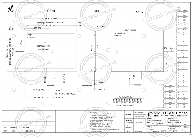 800*600 LCD Panel 400Nits TFT LCD Modülü RGB Arabirimi ve ALL/IPS Görünüm Yönü ile 0