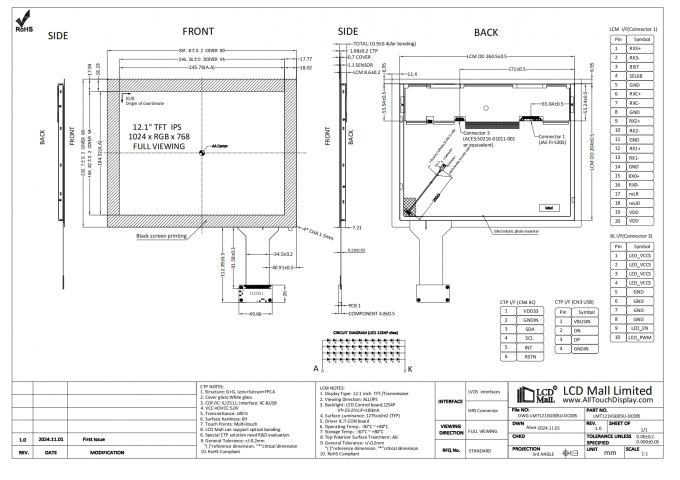 Özelleştirilebilir 12.1 Inch LCD Ekran Modülü 1024 * 768 çözünürlüğü ve 20pin LVDS Arayüzü ile 0