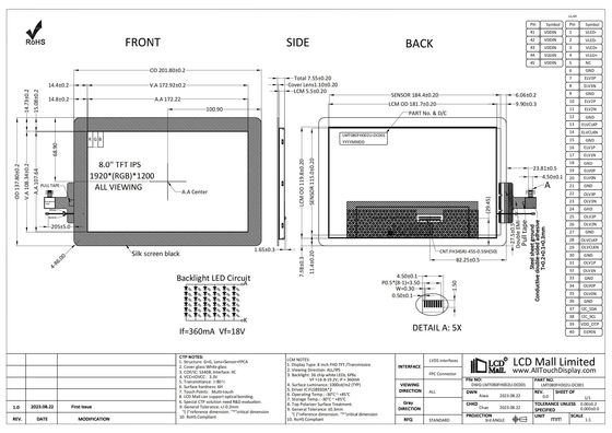 Akıllı 8 '' FHD TFT LCD CTP Ekranı 1920 * 1200 LCD Ekranı IPS Görüntüleme 1000nits LVDS Arayüzü